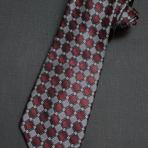 ​Platinum Designs,100% Silk,(REPP) Burgundy Red,Grey Plaid Geometric Tie - Picture 2 of 5